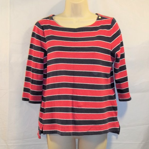 Croft & Barrow Womens Top Blouse Size PM 3/4 Sleeves Snaps Striped Red Blue - Picture 1 of 7